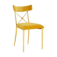 a yellow chair with gold legs and a seat cushion on the back, against a white background