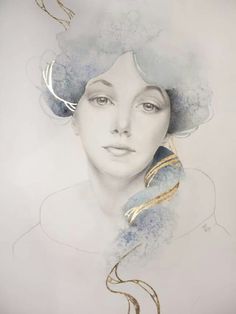 a drawing of a woman's face with blue hair and gold trimmings