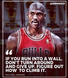 michael jordan quote on basketball player in red jersey with black and white photo behind him