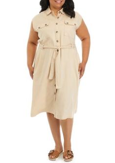 Designed with chest flap pockets and a belt, this shirtdress from Wonderly is crafted out of a breezy linen blend. | Wonderly Women's Plus Size Button Front Midi Shirtdress, 1X Shirtdress, Flap Pocket, Linen Blend, Plus Size Outfits, Casual Dresses, Dress Outfits, Plus Size, Dresses, Clothes