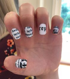 25 Taylor Swift Nail Ideas | Lauren Erro Reputation Nails, Taylor Swift Makeup, Newspaper Nails, Taylor Swift Reputation, Natural Nail Art, Taylor Swift Tour Outfits