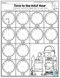 the time to hour worksheet for kids with numbers and pictures on it,