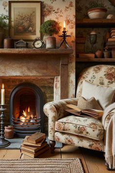 a living room filled with furniture and a fire place next to a book shelf on top of a hard wood floor