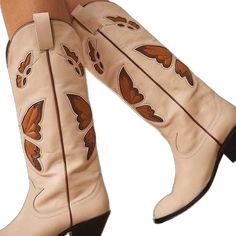 Cream Boots For Spring Western-themed Events, Cream Boots For Western-themed Spring Events, Knee-high Boots With Round Toe For Western-themed Spring Events, Round Toe Knee-high Boots For Western-themed Events In Spring, Knee-high Round Toe Boots For Western-themed Events In Spring, Bohemian Mid-calf Boots With Round Toe For Fall, Western Martin Boots With Round Toe, Western Style Beige Heeled Boots, Western Beige Boots For Winter