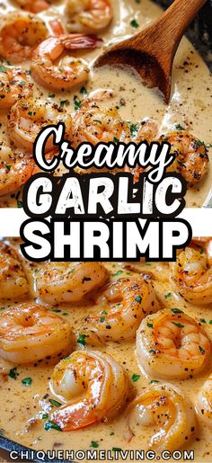 creamy garlic shrimp in a skillet with a wooden spoon on the side and title overlay