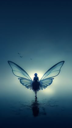 a fairy sitting on the water with her wings spread out