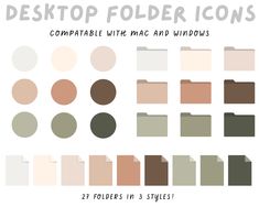 the desktop folder icons are shown in different colors and sizes, including brown, green, beige