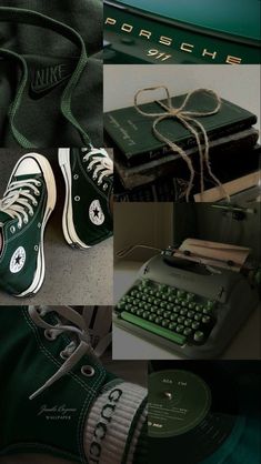 a collage of photos with green sneakers and an old typewriter