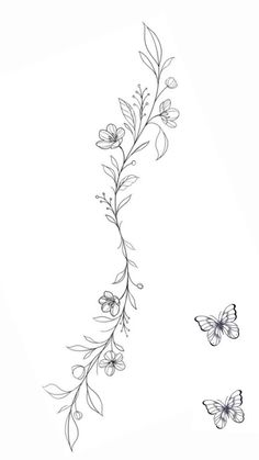 two butterflies flying over the top of a flower and leaves tattoo design on a white background