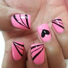 In the modern fashion world, black often represents stability or conservatism, because it is worn to work or on serious occasions. Pink is the color of childish innocence, purity and youth that als… Dark Valentines Nails, Feb Nails, Pink And Black Nails, Valentines Nail Art Designs, Pink Nail Art Designs, Feather Nails, Nail Goals, Nails Trend, Valentine Nail Art