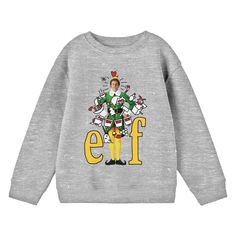 Spread Christmas cheer with this fun youth graphic sweatshirt! The Elf movie sweatshirt features a big, colorful graphic of Buddy the Elf with doodled Christmas lights and the title logo that has been professionally printed to last long enough to get you through any adventure life throws your way. Made of soft, 100% preshrunk cotton, the athletic heather gray sweatshirt features a crew neck for clean-cut style and comfort in cooler weather. The popular Christmas movie fan apparel can be machine Elf Doodle, Popular Christmas Movies, Elf Sweatshirt, Xmas Fashion, Heather Grey Sweatshirt, Elf Movie, Matching Pjs, Buddy The Elf, Matching Family Pajamas