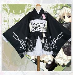 Black Floral Printed Japanese Kimono Lolita Costume Condition: Brand NewColor: BlackSize: S-3XLMaterial: Cotton and PolyesterSleeves: Long Flare sleevesIncluded:   Dress+Collar+Obi+Rope+Bowknot+Headwear Kimono Cosplay, Kimono Online, Anime Kimono, Black Kimono, Japanese Dress, Anime Cosplay Costumes, Print Flower, Maid Dress, Womens Kimono