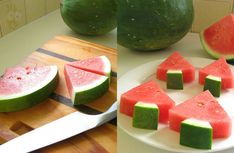 slices of watermelon on a cutting board with knifes next to them and another cut up piece of watermelon