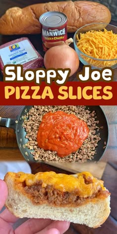 sloppy joe pizza slices with cheese, tomato sauce and other toppings on the side