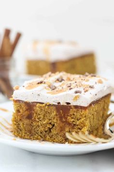 a piece of pumpkin poke cake on a plate