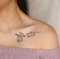 a woman with a tattoo on her shoulder that reads, and the words amber honey