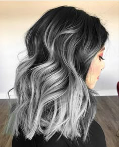 Ash Grey Balayage Medium Hair, Black To Grey Ombre Hair Medium, Charcoal Silver Hair, Short Hair Silver Balayage, Black To White Ombre Hair Short, Black Hair With White Balayage, Gray Balayage On Dark Hair Short, Black And Grey Short Hair, Dark To Grey Balayage