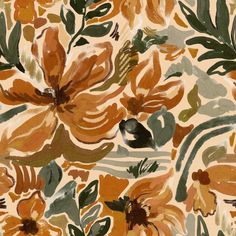 an orange and green floral pattern on fabric