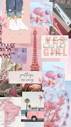 the collage has pink and white pictures on it, including an eiffel tower