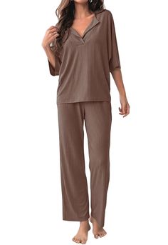 PRICES MAY VARY. COZY FABRIC: 28% Rayon+65% Polyester+7% Spandex, lightweight, comfy, and stretchy ribbed knit fabric. This Pajamas sets with soft elastic and loose designs fits for any body size TRENDY DESIGN: 2 Piece Pajama Sets for Women/Lounge Sets for Women/3/4 Sleeve Tops for Women/Wide Leg Pants for Women/Matching Sets for Women/Loungewear Sets for Women/Pants Sets for Women/Summer Clothes Sets for Women/Ribbed Outfits for Women/Going Out Outfits for Women CHIC DETAILS: This Lounge sets f Fall Pajamas Women, Going Out Outfits For Women, Knit Lounge Set, Lounge Pants Womens, Knit Loungewear, Comfortable Pajamas, Loungewear Sets, Going Out Outfits, Womens Loungewear