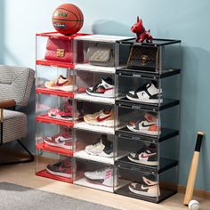 a rack with shoes and a basketball on it