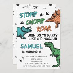 a dinosaur birthday party card with the words,'stomp chomp roar '