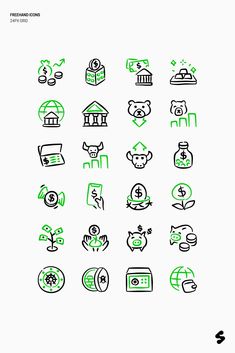 the green and black icons are drawn on a white background, each with different symbols