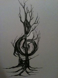 a black and white drawing of a tree with the letter s in it's roots