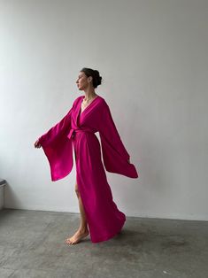 Robe With Kimono Sleeves Cotton Robe Women's Long Robe Bridal Robe Bridesmaids Robe Gift for Her Kimono Robe Boudoir Robe - Etsy Elegant Pink V-neck Kimono, Fitted Wrap Robe, Elegant Pink V-neck Robe, Pink Wrap Dress For Party, Pink Wrap Party Dress, Spring Party Robe With Kimono Sleeves, Fitted Wrap Kimono For Party, Elegant Kimono With Tie Waist And Kimono Sleeves, Elegant Robe With Tie Waist And Kimono Sleeves