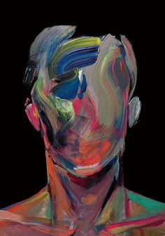 an abstract painting of a man's face with multiple colored lines on his chest