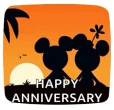 an image of mickey mouses with the sun setting in the background and happy anniversary written on it