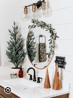 Shiplap wall 
Shiplap accent wall
Farmhouse bathroom
Bathroom ideas
Wood vanity
Stained vanity
Bathroom decor Christmas Bathroom Decor Aesthetic, Cute Christmas Decor For Apartments, Christmas Bathroom Decor Farmhouse, Boho Christmas Bathroom Decor, Christmas Home Decor Neutral, Christmas Decor Ideas For Living Room Farmhouse, Farmhouse Christmas Outside Decor, Expensive Decor On A Budget