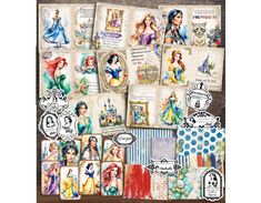 the disney princess collection is displayed in front of a wooden table with many different pictures on it