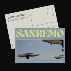 two postcards with an image of a plane flying in the sky, and another one that reads sanremo