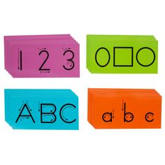 three different colored blocks with numbers and letters on them in the shape of rectangles