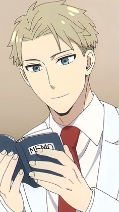 a man in a white shirt and red tie holding an open book with the word omen written on it