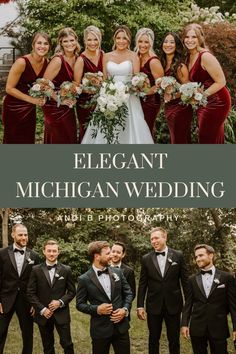 a group of people in suits and ties posing for a photo with the words elegant michigan wedding