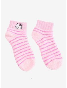 Hello Kitty Pink Stripe Fuzzy Ankle Socks | Hot Topic Pink Fluffy Socks, Pink Winter Socks, Y2k Socks, Pastel Clothes, Basic Accessories, Room Pics, Heart Socks, Fluffy Socks, Hello Kitty Pink