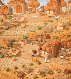 a painting of a farm with pumpkins and hay