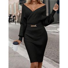 -Item Id 38681094 -Details: Chain, Wrap -Color: Black -Sleeve Length: Long Sleeve -Length: Knee Length -Fit Type: Slim Fit -Fabric: Medium Stretch -Material: Fabric -Composition: 47% Polyester, 34% Viscose, 19% Polyamide -Care Instructions: Hand Wash Or Professional Dry Clean -Temperature: Spring/Fall (18-25/63-77) -Sheer: No **Open To Offers!!!** **Bundle To Save More** **30% Off Bundles Of 2 Or More Items!!** ***Orders Go Out Within 5-10 Business Days!! Thank You For Your Patience!! Multiple S Black V-neck Sweater Dress For Evening, Chic Solid Color Bodycon Dress For Office, Elegant Fall Bodycon Dress For Office, Elegant Solid Color Winter Mini Dress, Elegant Solid Color Winter Bodycon Dress, Elegant Black Sweater Dress For Work, Elegant Bodycon Sweater Dress In Solid Color, Elegant V-neck Sweater Dress For Date Night, Elegant Sweater Dress For Work