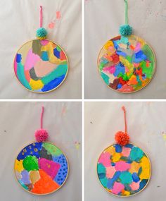 four different pictures of colorful paper plates with pom - poms hanging from them