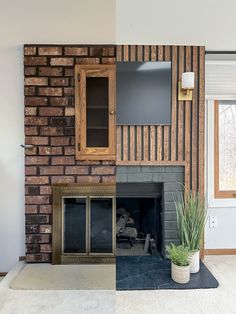 a living room with a brick fireplace and tv