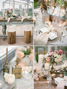 several pictures of vases with flowers in them and plates on the table next to each other