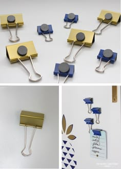 several different pictures of various objects that are made out of magnets and paper clips