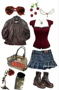 Y2k Outfits With Jacket, Style A Leather Jacket Outfit Ideas, Summer Dress With Leather Jacket, Red Miniskirt Outfits, Dress With Leather Jacket And Boots, Leather Jacket Outfit Coquette, Coquette Leather Jacket, Lanacore Outfits