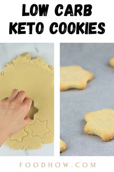 the process for making low carb keto cookies is shown with cookie dough being cut into pieces