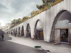 an artist's rendering of the exterior of a building with arches and grass growing on top