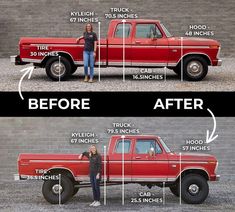 a woman standing next to a red truck with the words before and after written on it