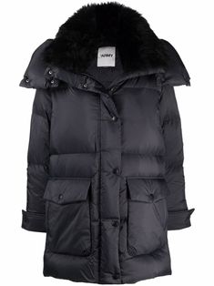 black detachable lambs wool collar trim down-feather filling padded design quilted detachable hood concealed front fastening long sleeves water-repellent Yves Salomon, Jumpsuit Jacket, Padded Coat, Detachable Hood, Outerwear Coats, Puffer Coat, Black Coat, Designer Outfits Woman, Denim Pants