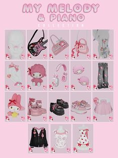 a pink poster with many different items in the same photo, including shoes and purses